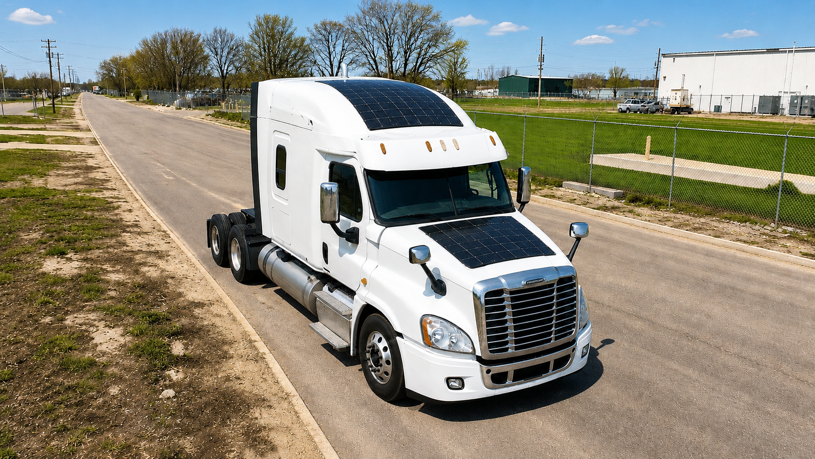 Heavy-duty tractor unit with cab and hood-mounted Lensun solar panels