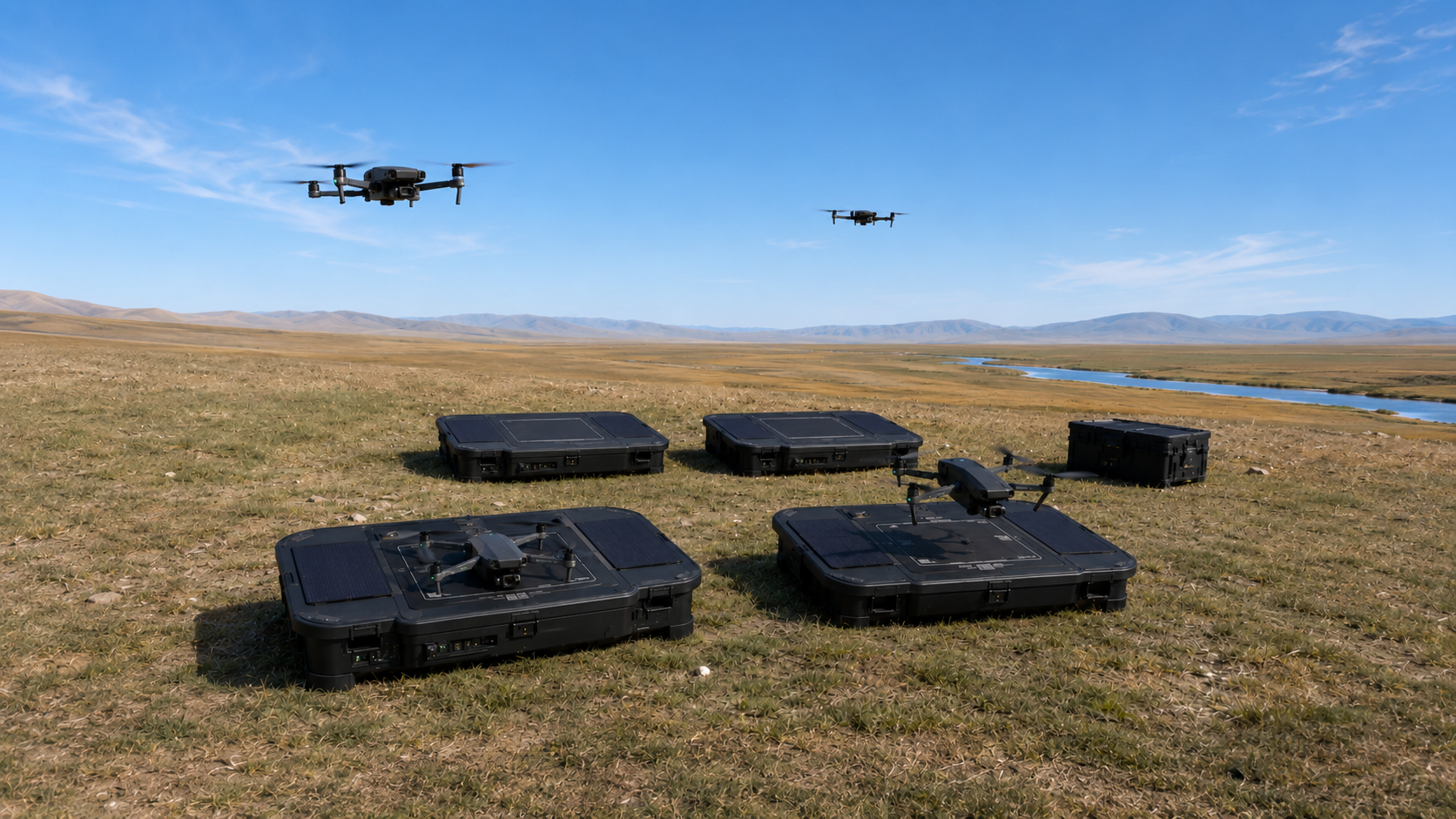 Solar-powered drone landing pads and transport cases deployed in open grassland